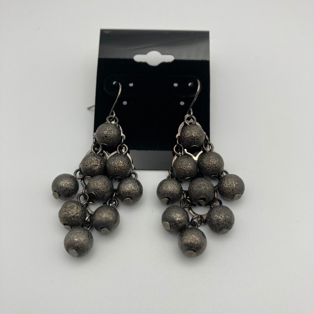 Gunmetal Textured Bead Chandelier Earrings Tiered Drop Costume Jewelry 2 Inch
